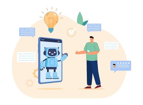 Free Vector conversation between chat bot on screen of phone and customer. tiny man talking with cute robot in online messenger flat vector illustration. chatbot, ai, virtual support in social media concept
