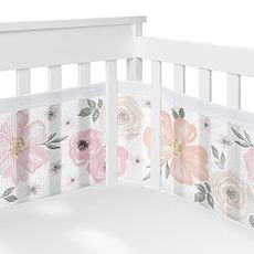 Sweet Jojo Designs + BreathableBaby 2-Piece Breathable Mesh Crib Liner Set (Pink and Grey Boho Floral) for Girls, Baby, Infants/Newborn Nursery (Watercolor, Farmhouse, Flower, Elegant Rose, Nature)