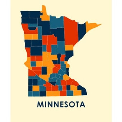 May include: A colorful map of Minnesota with county borders outlined in blue, orange, red, and yellow. The state name "MINNESOTA" is written in blue at the bottom of the map.