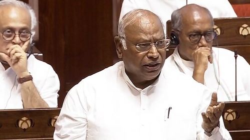 The Leader of Opposition in the Rajya Sabha, Mallikarjun Kharge, speaks in the Upper House of the Parliament. (PTI)