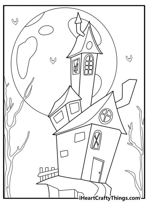 haunted house surrounded by leafless trees detailed coloring page