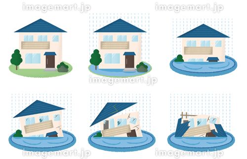 水害を受ける住宅のベクターイラストセット ゲリラ豪雨,住宅ローン,ダメージのイラスト素材