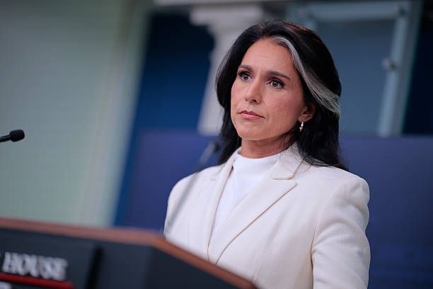 White House Director of National Intelligence Tulsi Gabbard talks to reporters in the Brady Press Briefing Room at the White House on July 23, 2025...