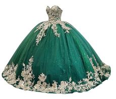 XYAYE Emerald Green Quinceanera Dresses Gold Lace Sweet 16 Dress Strapless Beaded Puffy Tulle Ball Gown Size 6