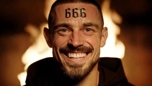 A man with the number 666 on his forehead and flames behind him. Mark of the beast illustration