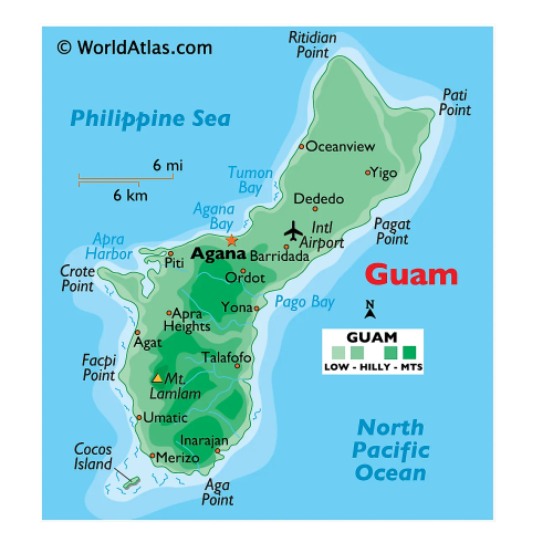 Physical Map of Guam showing relief, highest point, islands, international airport, important settlements, capital, and more.