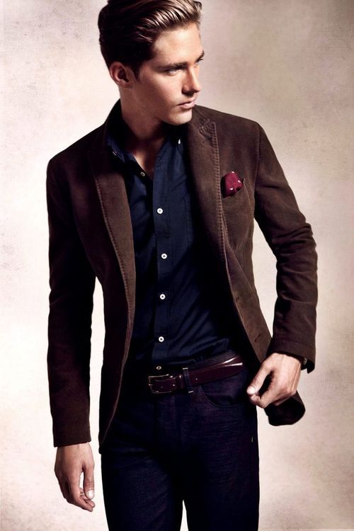 Semi formal dresses for men 2013 - Great formation                                                                                                                                                     More Semi Formal Jeans, Mens Black Corduroy Blazer Outfit, Men's Corduroy Blazer Style, Dark Academia Blazer Men, Harrison Ford Blazer, Brown Blazer Men, Burgundy Pocket Square, Costume Beige, Formal Attire For Men