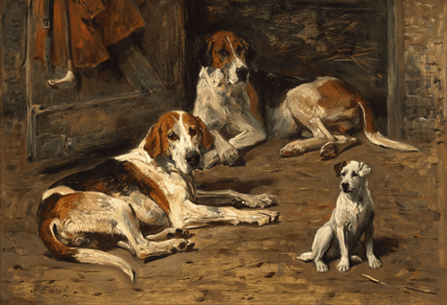 Foxhounds and a Terrier in a Kennel by John Emms. Circa 1895. M.S. Rau (Sold).