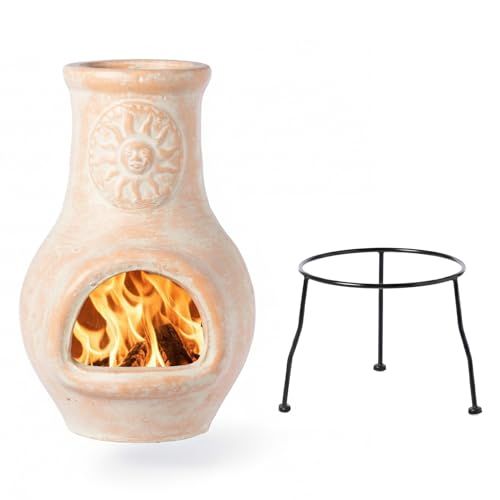 Outdoor Beige Clay Chiminea Outdoor Fireplace Sun Design Charcoal Burning Fire Pit with Sturdy Metal...