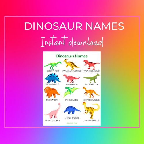 May include: A printable chart with colourful illustrations of dinosaurs and their names. The chart includes the names: Coelophysis, Parasaurolophus, Tyrannosaurus, Stegosaurus, Iguanodon, Velociraptor, Triceratops, Pterodactyl, Corythosaurus, Brontosaurus, Ankylosaurus, and Dilophosaurus.
