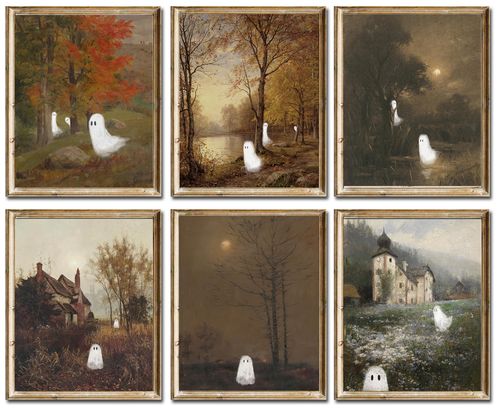 Halloween Ghost Wall Art Prints – Set of 6 Gothic Spooky Ghost Posters, Vintage Creepy Cute Artwork for Haunted House, Dar...
