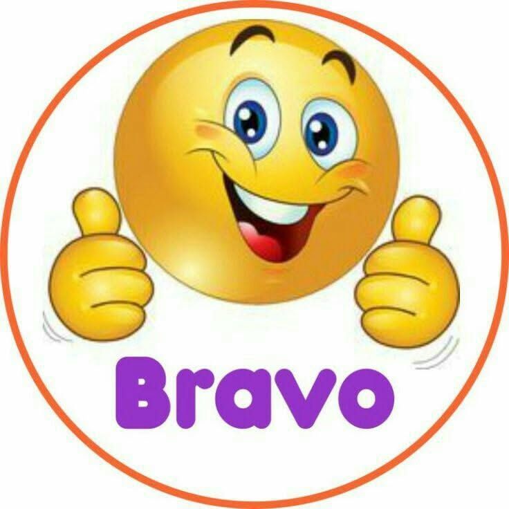 a smiley face with thumbs up and the word bravo written in purple on top of it