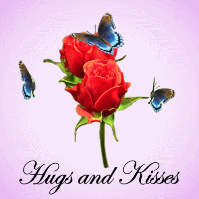 Digital art gif. Blue butterflies float around two red roses. Script, 