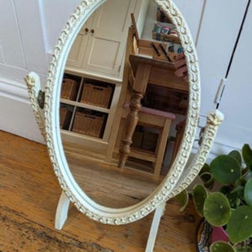 Vintage Mid Century Cream & Gold, Oval Free Standing Dressing Table Mirror