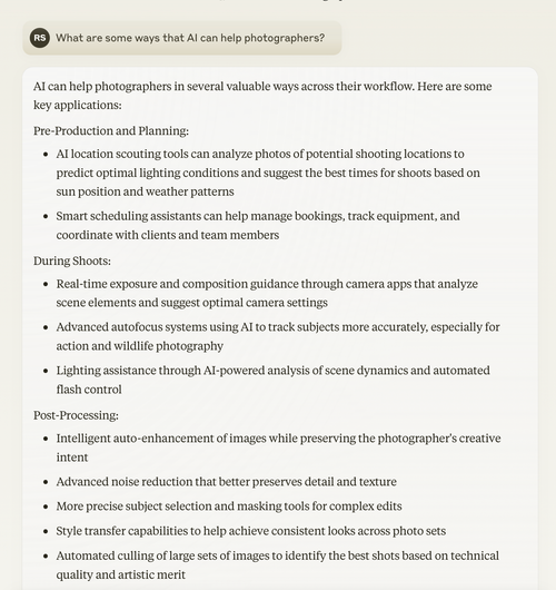 An screengrab of Claude AI giving reasons AI can help photographers