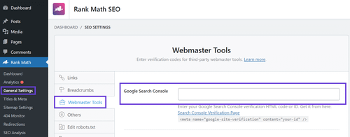 Adding the Search Console verification code to Rank Math with a highlight box around where the input should go.