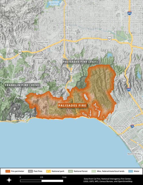 The extent of the Palisades Fire burn area