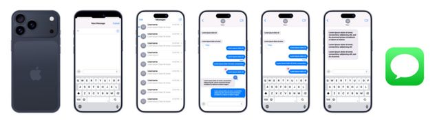 Apple iMessage interface mockup on iPhone 17 Pro Max with iOS 26 showing Messages app layout, text conversation bubbles, and keyboard UI for modern Apple chat design