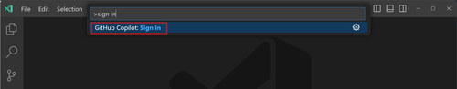 VS Code中的命令面板，显示登录GitHub Copilot的选项。
