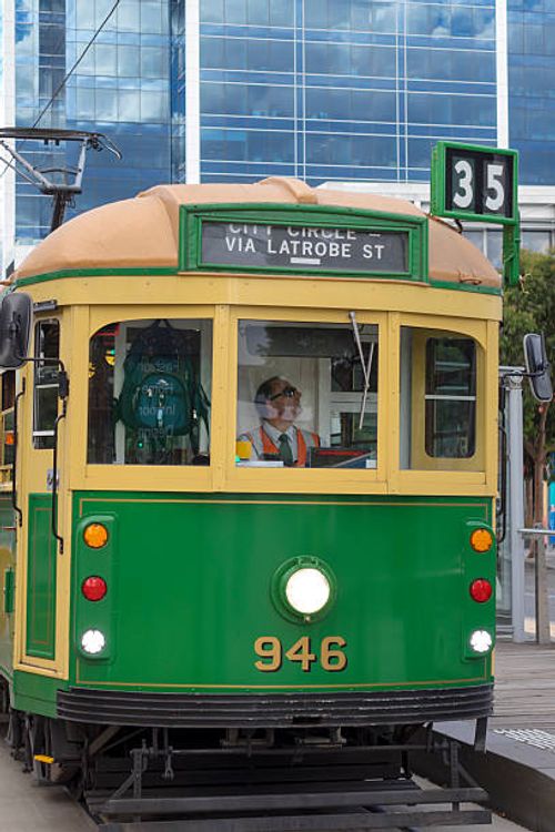 Australia, Victoria Melbourne Docklands Drive Yarra Trams tram trolley tramway public transportation City Circle Route man driver engineer employee...