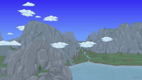 Gray mountains, green valley, and blue lake under a clear sky with clouds. — Terraria Background