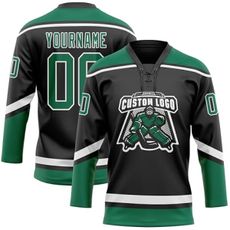 Personalized Black Kelly Green White Hockey Jerseys for Team Club Famliy & Fans, Long Sleeve Lace-up VNeck Design Athletic Hockey Shirts for Men Women Youth Boys, Custom Blank Sports Practice Uniforms