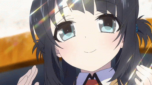 an anime girl with long black hair and blue eyes