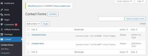 screenshot shows how contact form 7 works in the backend of my blog.