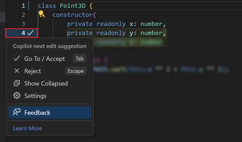 Screenshot that shows next edit suggestions menu in the editor gutter.