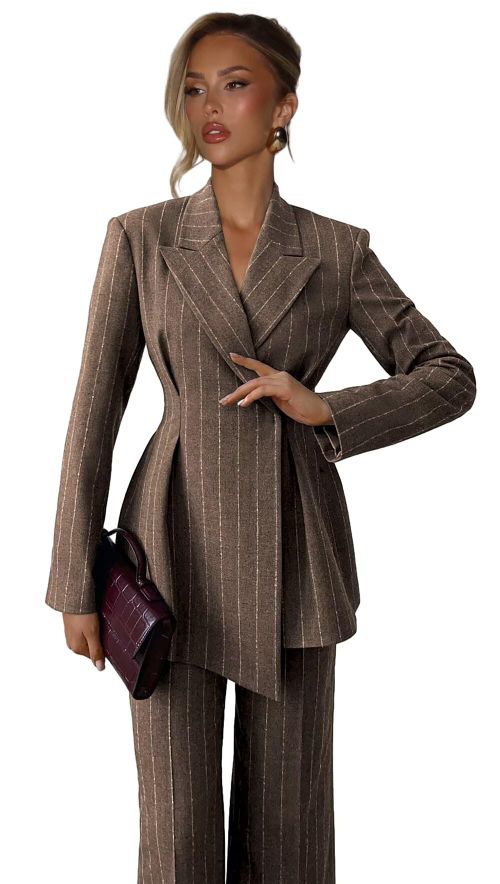 Pinstripe Pant Suits for Women Dressy Peak Lapel Womens Suit 2 Piece Blazer Pants Set Slim Fit Casual Outfits