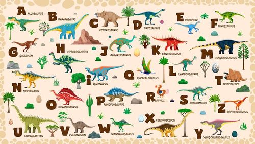 Vector kids dinosaurs alphabet prehistoric lizards type
