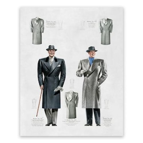 Men's Suit Overcoat Vintage Style Fashion Print, 1930s-1940s Department Store Catalog Ad Illustration, FDS2