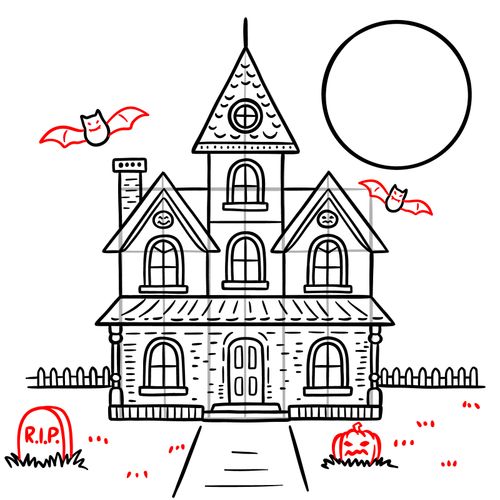 Bat details, jack-o-lantern, and tombstone added to haunted house drawing - step 15