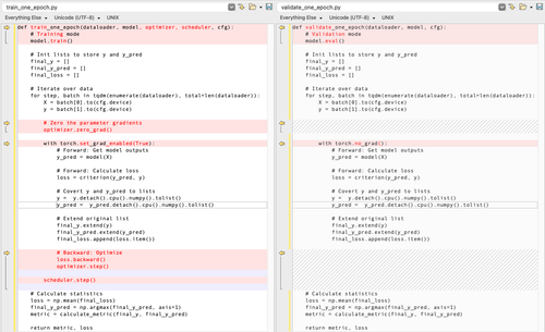 Screenshot of side-by-side code comparison in BeyondCompare of training and validation code in PyTorch