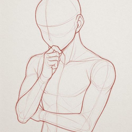 Male anime pose sketch showing a thoughtful stance with hand near chin and arms crossed, showcasing anatomy structure and construction lines.