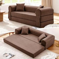 GJQ Convertible Folding Sofa Bed,78.5 Inch Faux Leather Futon Couch with Pillows & Storage Pocket,5-in-1 Queen Sleeper Sofa in a Box with Pull Out Bed,Boneless Couch for Living Room Bedroom,Brown