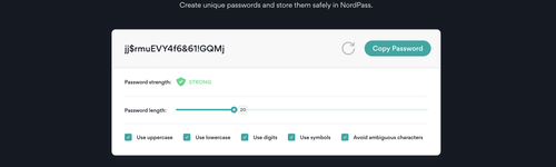 A screenshot of the NordPass free random password generator customization specs.
