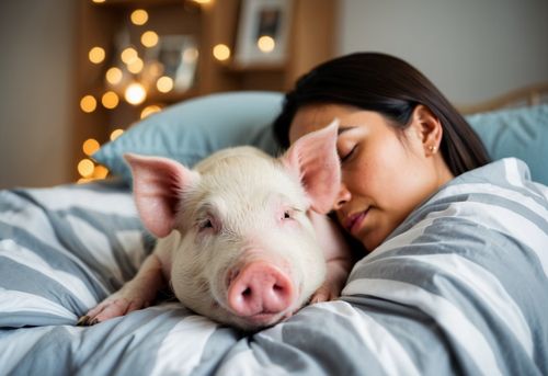 A pet pig snuggles on a cozy bed next to its owner, both peacefully asleep