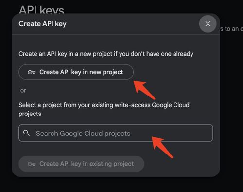 select existing porject or new project gemini api key