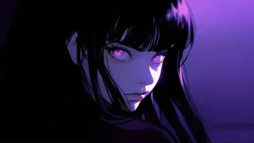 HD anime desktop wallpaper featuring a close-up of a character with striking purple eyes and dark hair against a vibrant purple background.