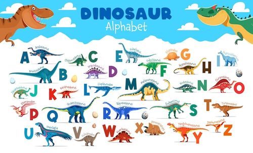 Vector kids dinosaurs alphabet cartoon dino characters