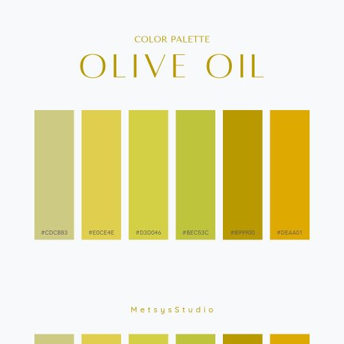 the color palette for olive oil is shown in yellow, green and brown tones with different shades
