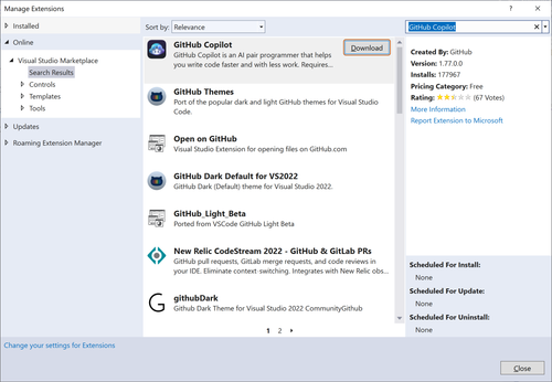 搜索结果列表的屏幕截图。 在 GitHub Copilot 扩展旁边，“下载”按钮以橙色轮廓突出显示。