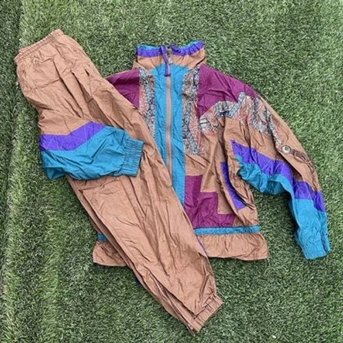 Vintage Active Stuff 90s Nylon Tracksuit Set Medium Brown Teal Purple Aztec - Image 1 of 4