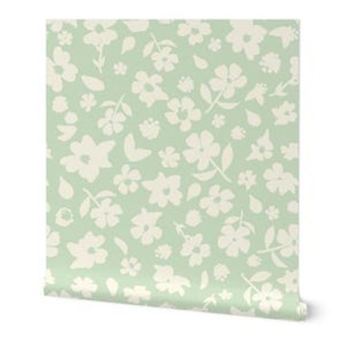 Mint Green Floral Wallpaper Sample, Pastel Soft Lime Boho Minimalist Girls Baby Nursery Kids Room Peel & Stick, Flowers Feminine Cottagecore