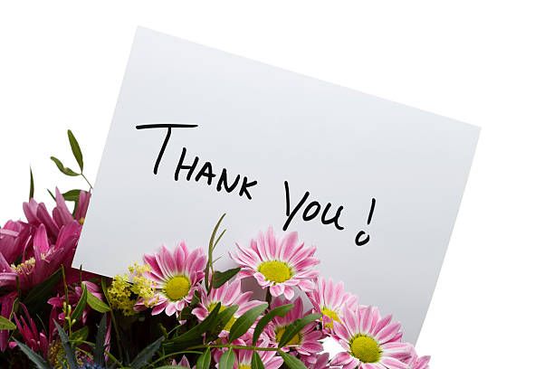 Thank You Note Flower Arrangement with Thank You Note. Isolated on white thank you flowers stock pictures, royalty-free photos & images