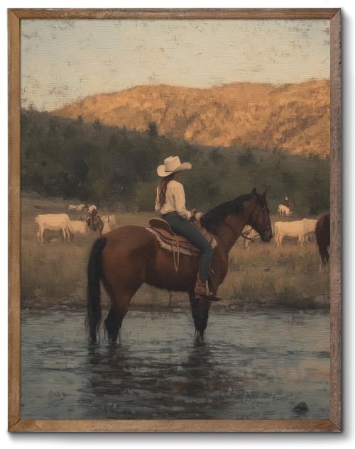 XOCUUI Western Cowgirl Riding Horse Wall Art, Vintage Cowgirl Oil Painting Print, Antique Western Canvas, Sunset Countrysi...