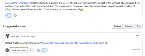 Screenshot of a discussion comment. A button, labeled "Mark as answer", is outlined in dark orange.
