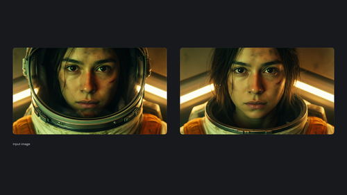 AI-generated image of: a side-by-side comparison demonstrating AI editing capabilities, showing an input image of a female astronaut wearing a helmet on the left, and the resulting image with the helmet removed on the right