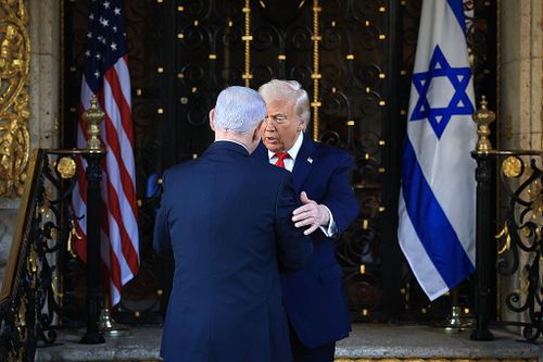 Donald Trump greets Benjamin Netanyahu at Mar-a-Lago